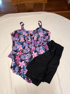 Floral V-Neck Swim Camisole in Black & Pink with Black Swim Shorts